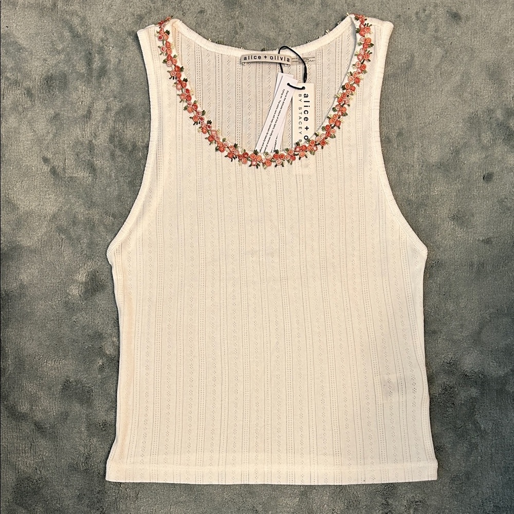 Alice & Olivia NWT Pointelle Tank with Floral Embroidery around neck.